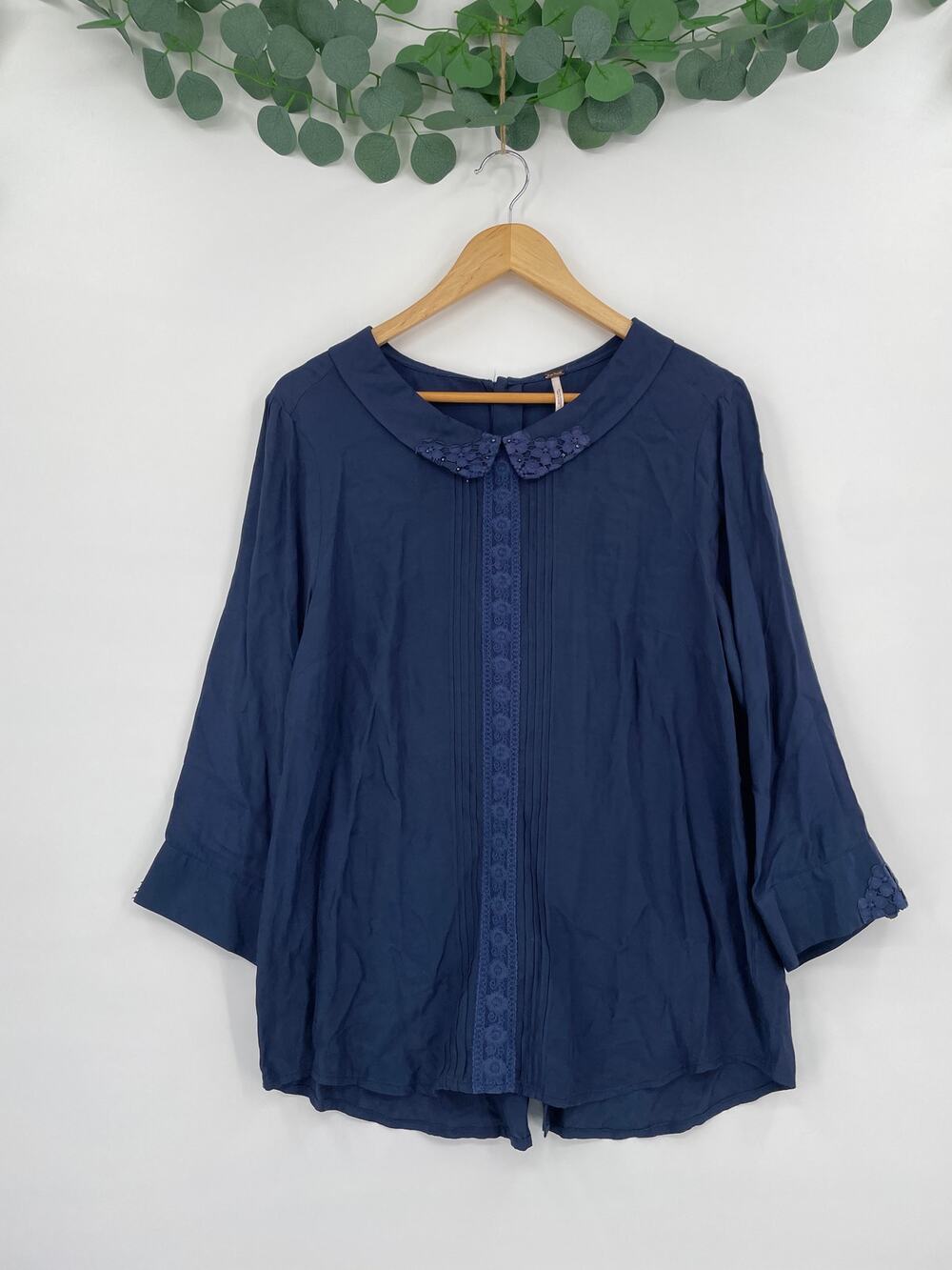 Free People Womans Navy Blue Long Sleeve Cottage Core Lace Button Blouse Large